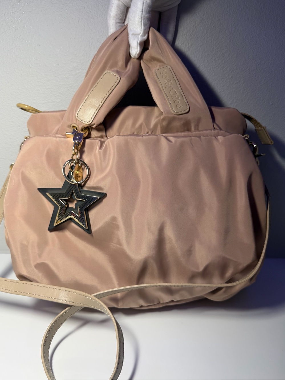 See by Chloe Satin Light Pink Tote Bag with Star Charm and Crossbody strap.